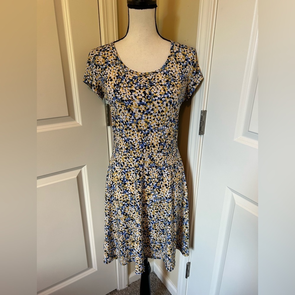 Michael Kors Floral Blue, yellow, gold short sleeve Midi Dress